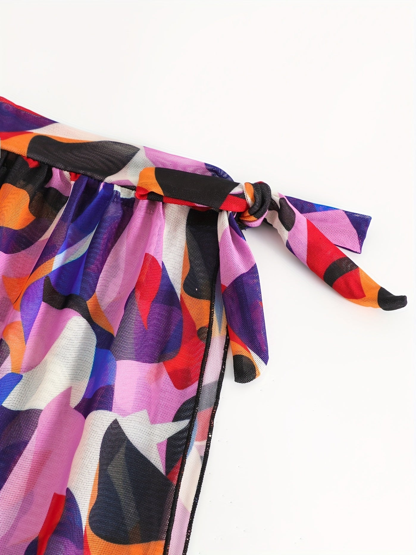 Geometric Print Tie Side Split Cover Up Skirt Semi Sheer Mesh Maxi Beach Wrap
