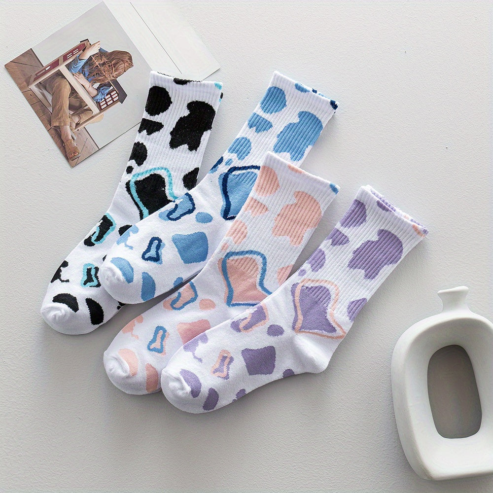 4 Pairs Cow Spot Pattern Socks Comfy & Breathable Mid Tube Socks