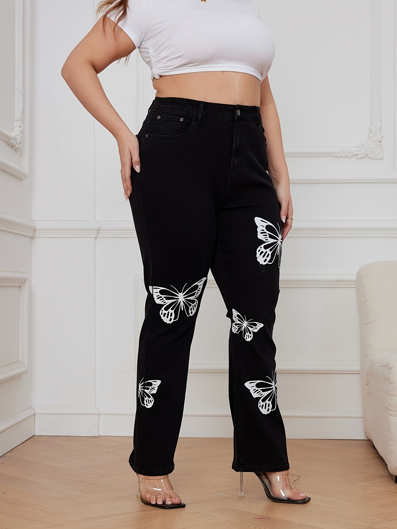 Plus Butterfly Print Button Fly High Rise Stretch Jeans