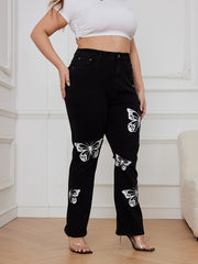 Plus Butterfly Print Button Fly High Rise Stretch Jeans
