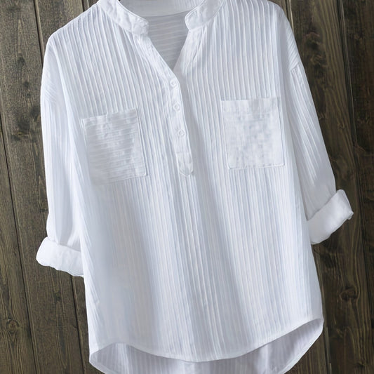Ribbed Button Up Long Sleeve V Neck Shirt Top