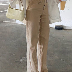 High Waist Straight Jeans Slash Pockets High Rise Wide Leg Denim Pants