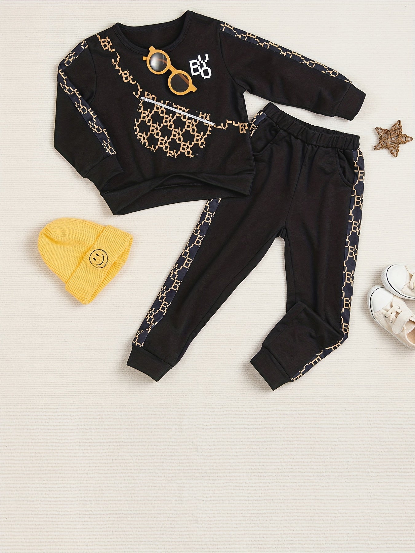 Boy's 2pc Crossbody Bag Print Sweatshirt & Sweatpants Set for Spring Fall