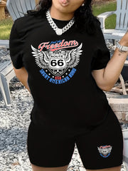 Letter Print Matching Two piece Set Casual Short Sleeve T shirt & Biker Shorts