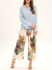 Floral Print Pajama Set Long Sleeve Top & Elastic Waistband Pants