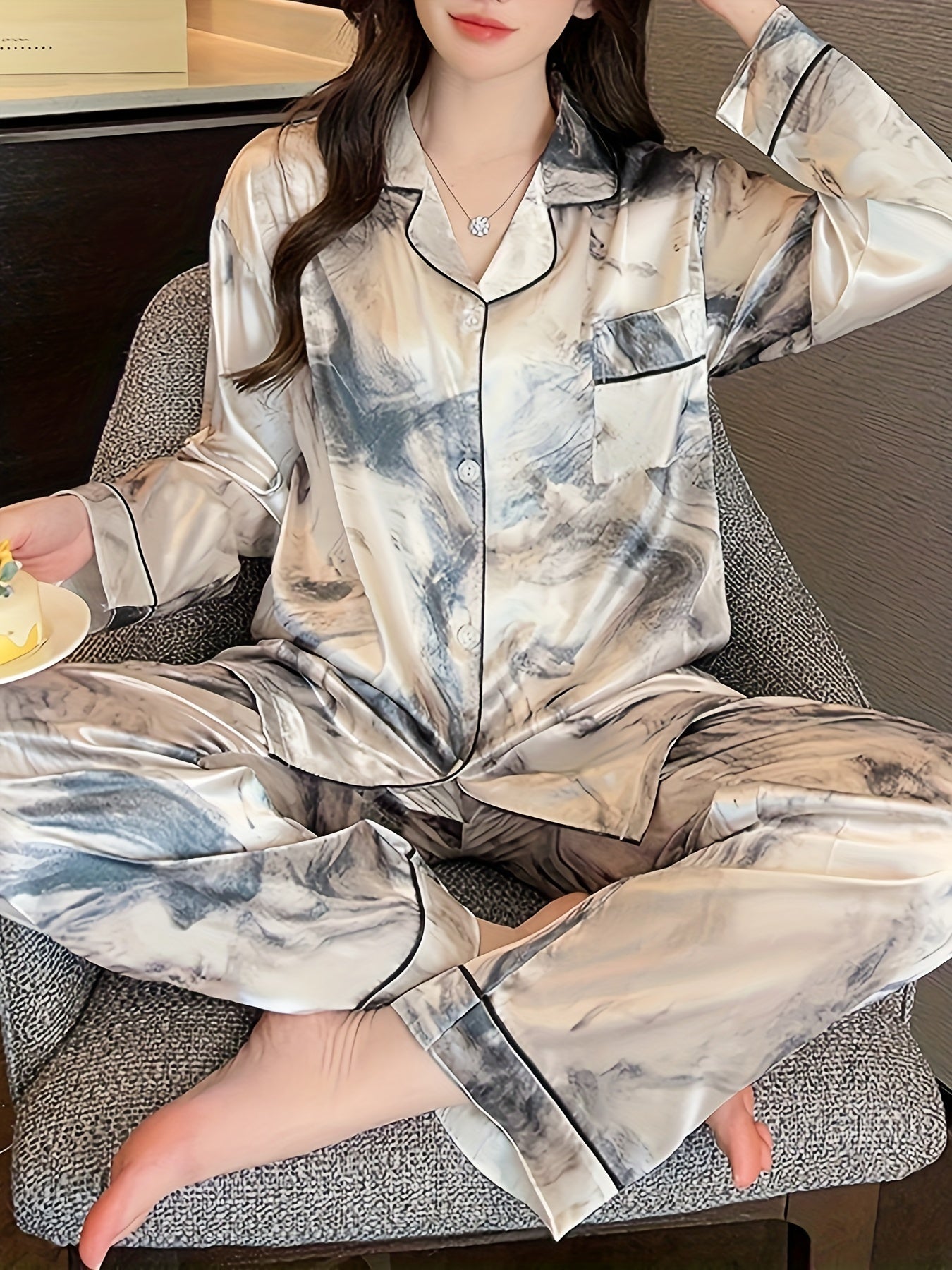Satin Pajama Set Long Sleeve Top & Pants
