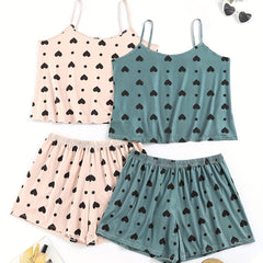 4 Pack Plus Size Women's Heart Print Pajama Set - Cami Top & Shorts