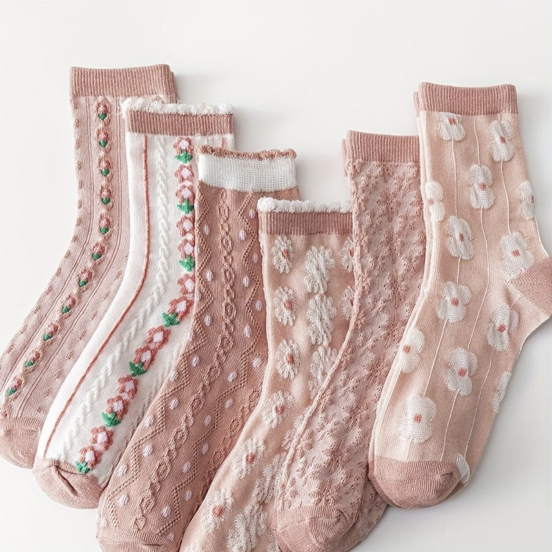 6 Pairs Floral Print Socks Sweet & Mid Tube Socks Women's Stockings