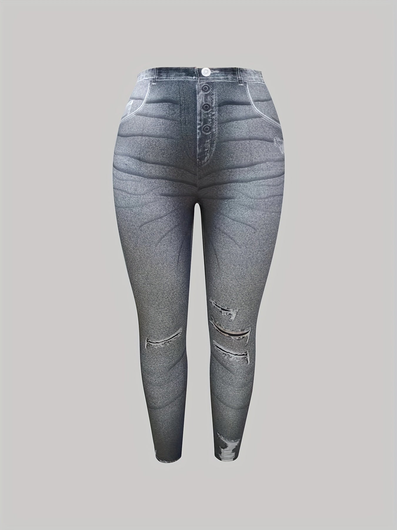 Ripped Denim Print Leggings Skinny Long Casual Pants