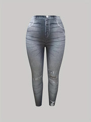 Ripped Denim Print Leggings Skinny Long Casual Pants