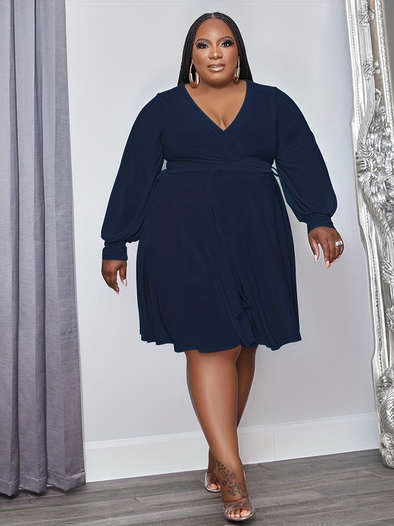 Women's Plus Solid Lantern Sleeve V Neck Flare Dress With Belt