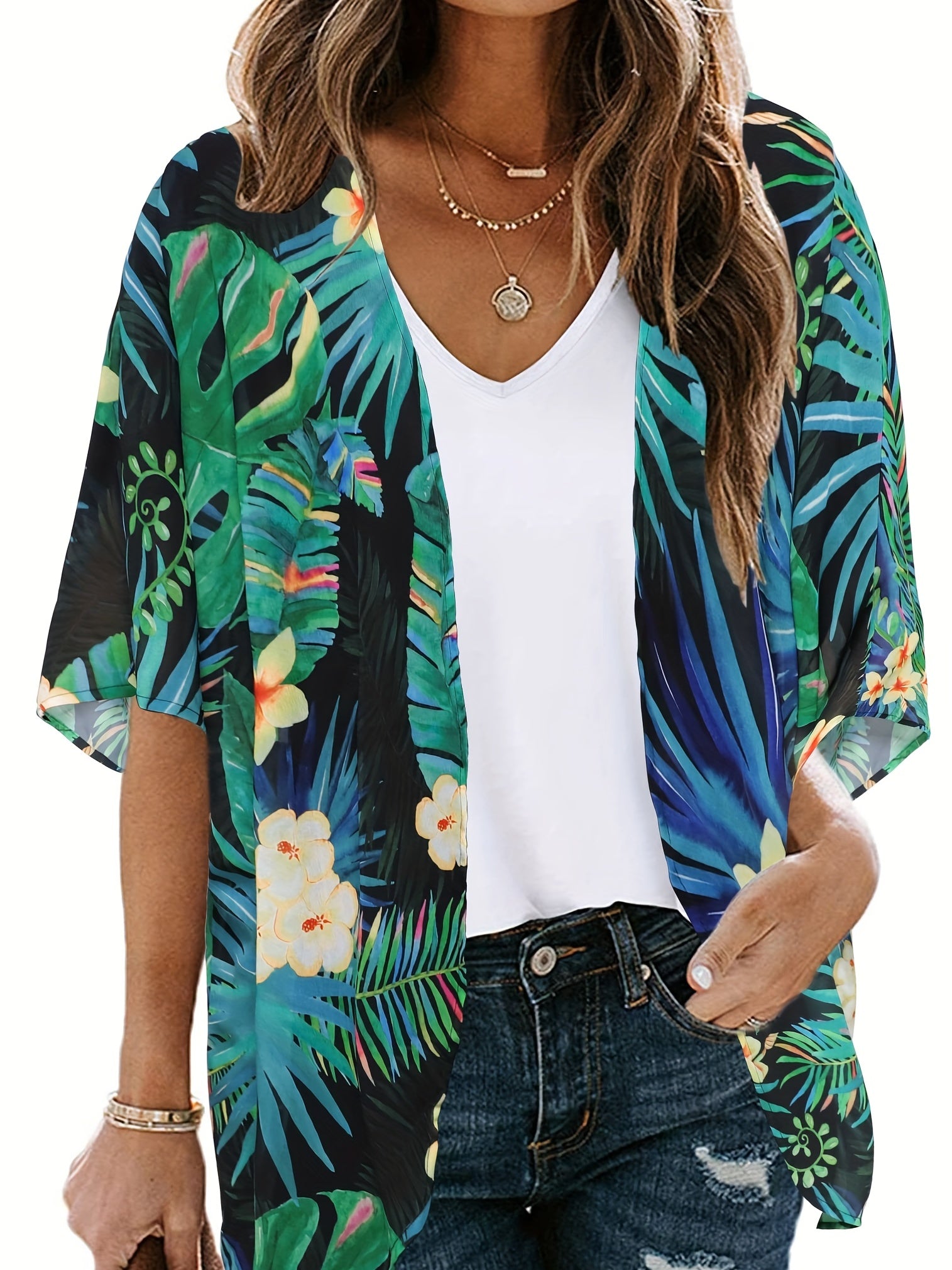 Floral Print Bat Sleeve Cover Up