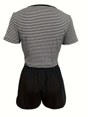 Striped Print Pajamas Set V Neck Top & Shorts