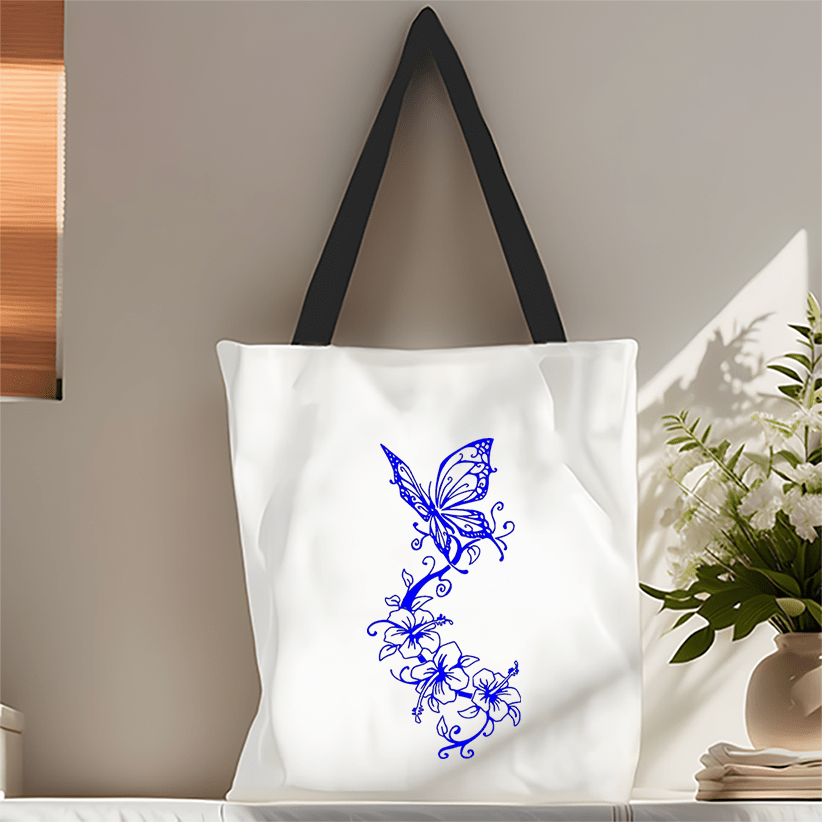 Polyester Butterfly Hibiscus Print Tote Bag Lightweight Reusable Shopping Handba