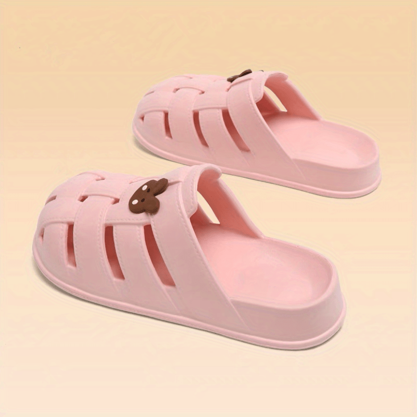 Flat Slide Sandals Bear Decor Slip On Shoes Closed Toe Hollow Out Slides