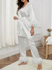 Feather Trim Satin Pajama Set & Robe