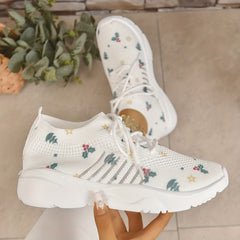 Christmas Print Knitted Lace Up Sports Shoes Breathable Low Top Sneakers