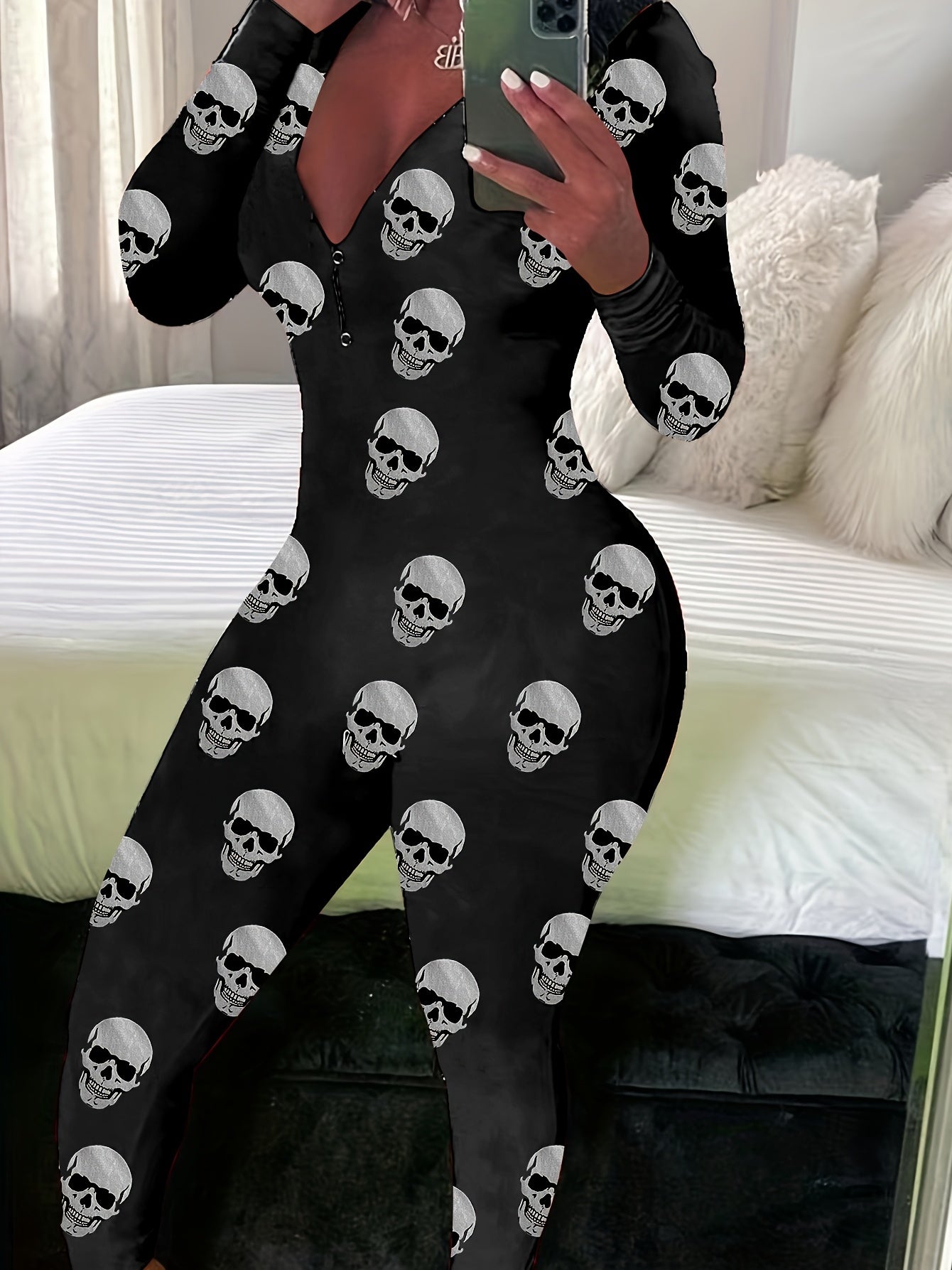 Skull Print Button Front Jumpsuit Long Sleeve Slim Fit Women's Clothing