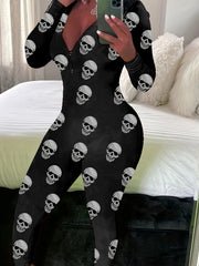 Skull Print Button Front Jumpsuit Long Sleeve Slim Fit Women's Clothing