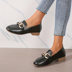 Square Toe Loafers with Metallic Buckle Decor Slip On Flats