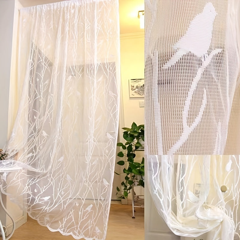 Bird Pattern Lace Curtain with Rod Pocket for Sliding Glass Doors