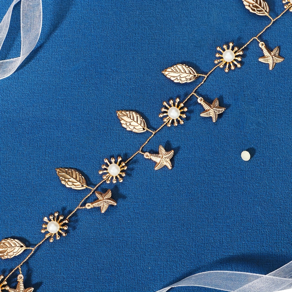 Alloy Starfish Leaf Headband Faux Pearl Bridal Hair Jewelry