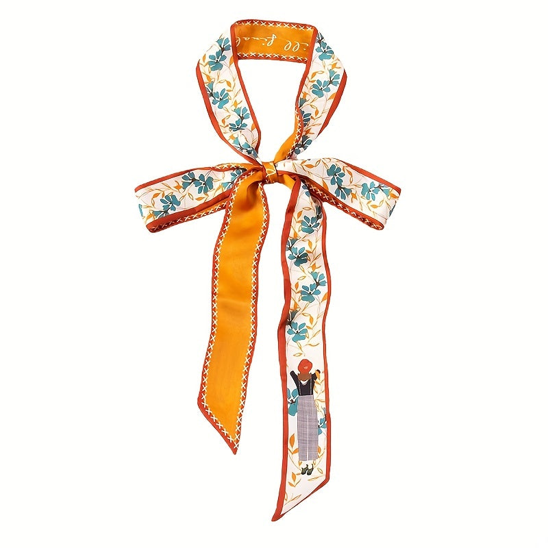 Long Ribbon Scarf Silk Floral Print Skinny Scarf Ribbon Necktie