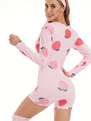 Peach Print Shorts Romper V-Neck Long Sleeve Pajamas
