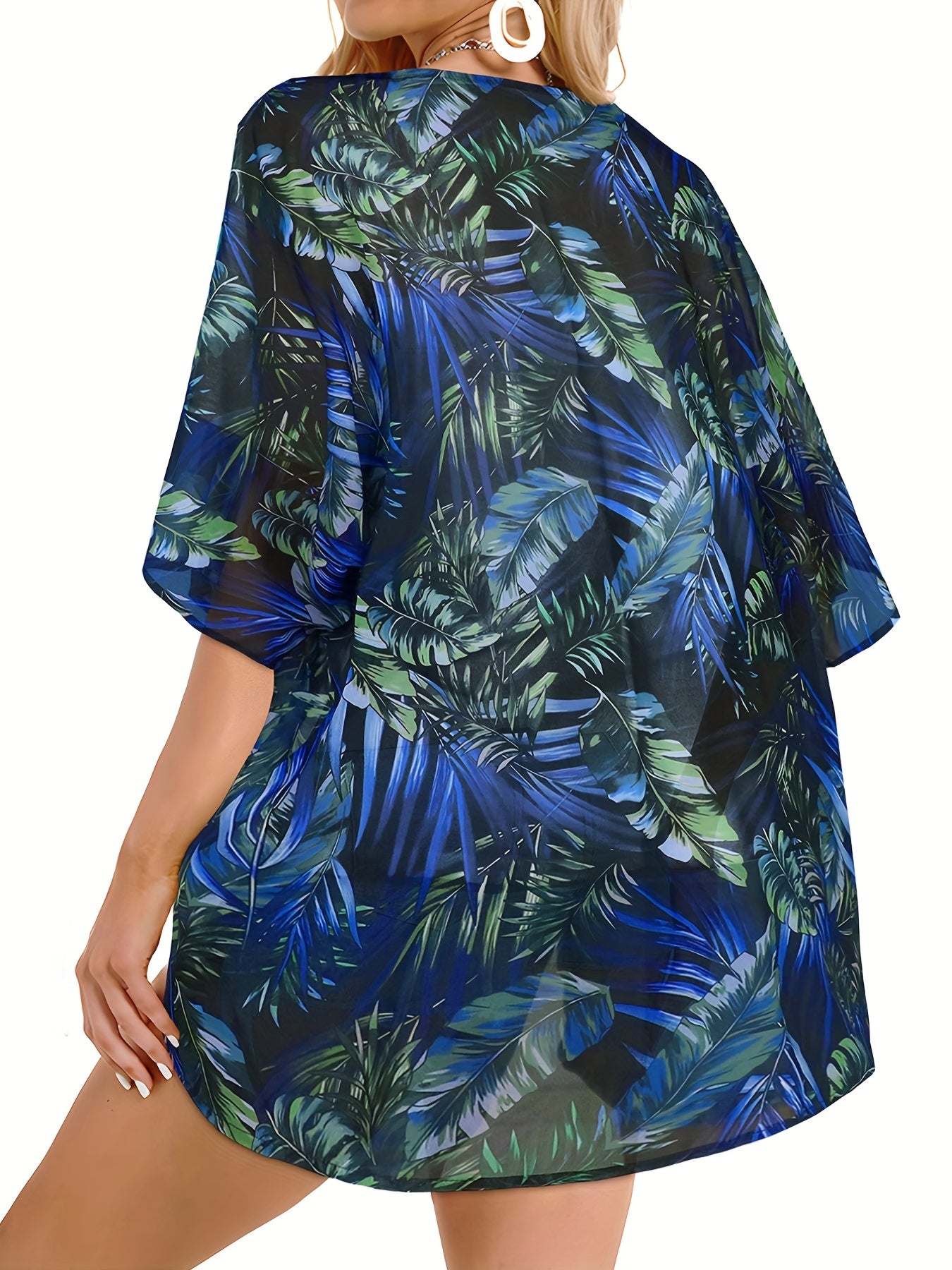 Leaf Print Cover Up Shirt V Neck Half Sleeves Beachwear Cardigan