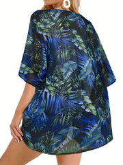Leaf Print Cover Up Shirt V Neck Half Sleeves Beachwear Cardigan