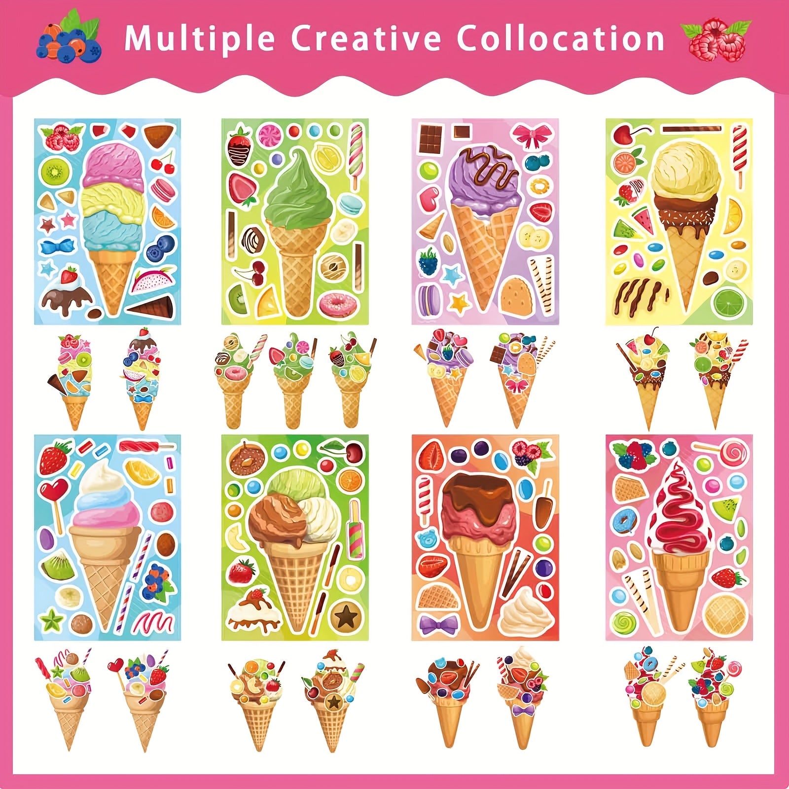24 Sheets Make Your Own Ice Cream Stickers for Kids Toddlers Dessert Stickers