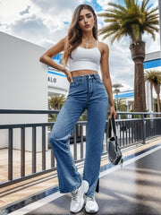 High Waist Split Side Straight Jeans