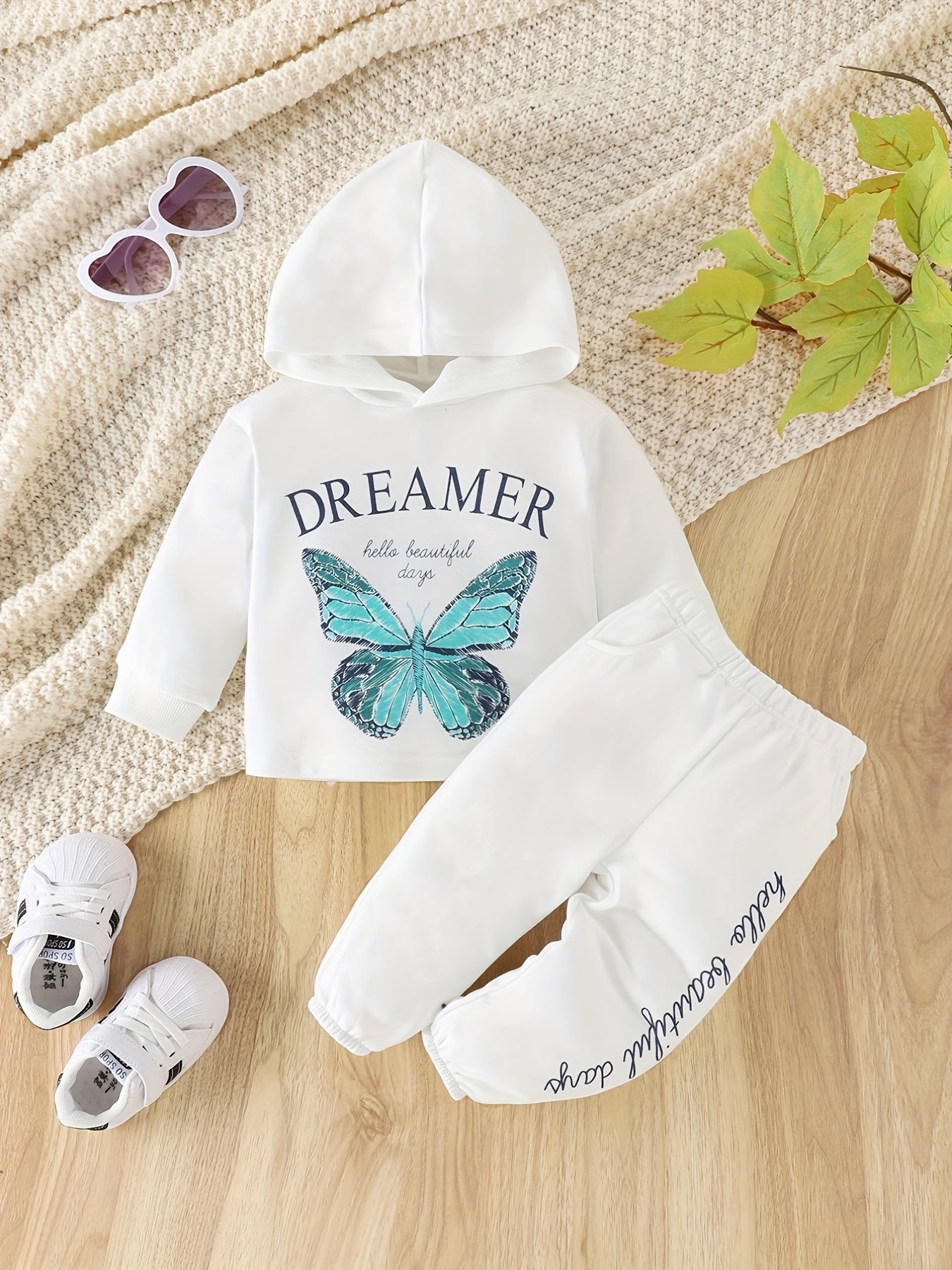 Baby Girls 2pcs Butterfly Print Hoodie Set, Boys Letter Sports Trousers Set