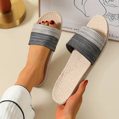 Striped Linen Slippers Open Toe Slip On Shoes for Indoor Home