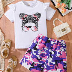 Girl's Camo Sunglasses Print T-Shirt & Shorts Set for Summer