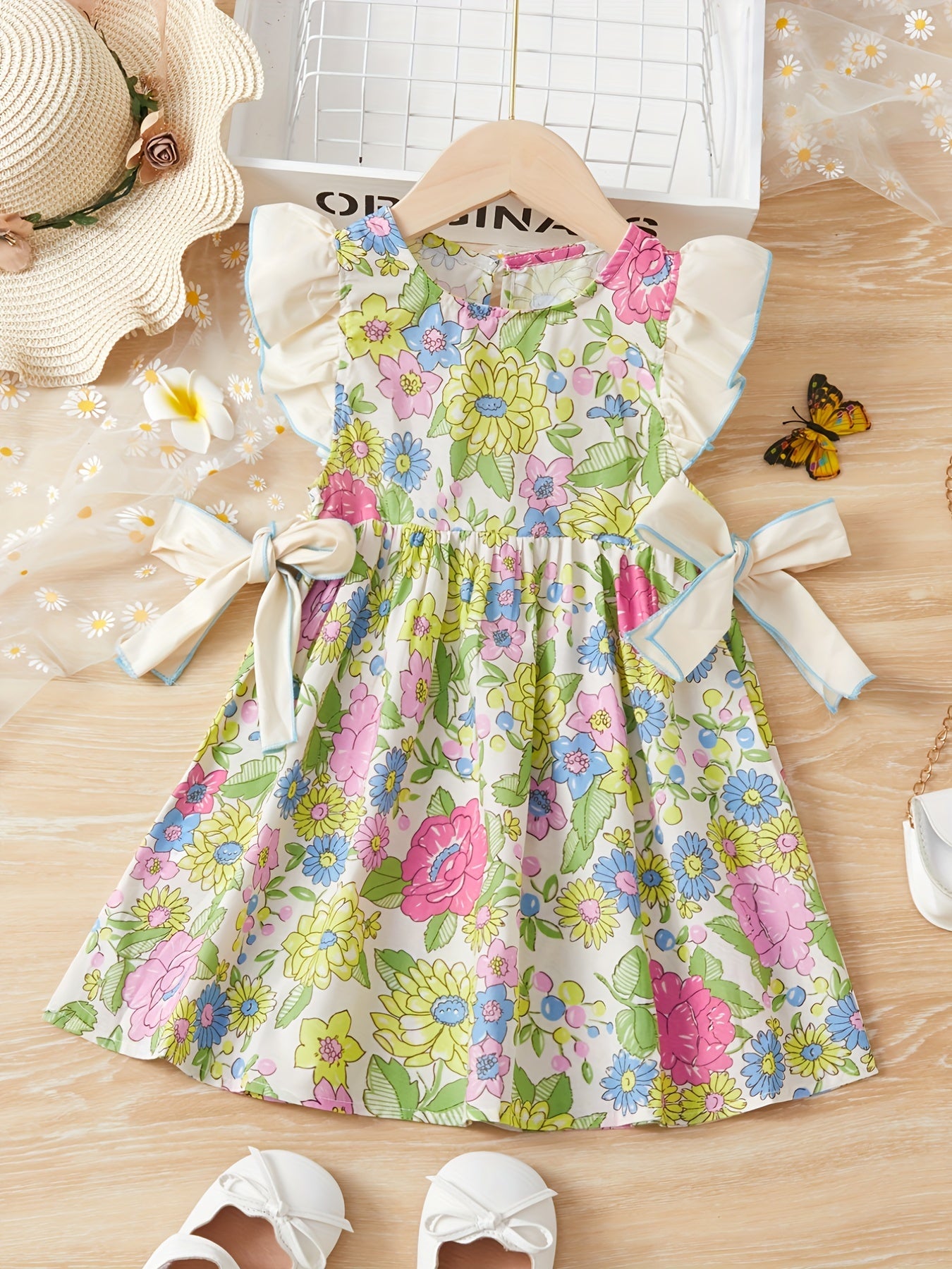 Girls' Spring Floral Flutter Sleeve Casual Dress - Party Vacation Dress