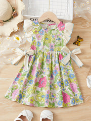 Girls' Spring Floral Flutter Sleeve Casual Dress - Party Vacation Dress