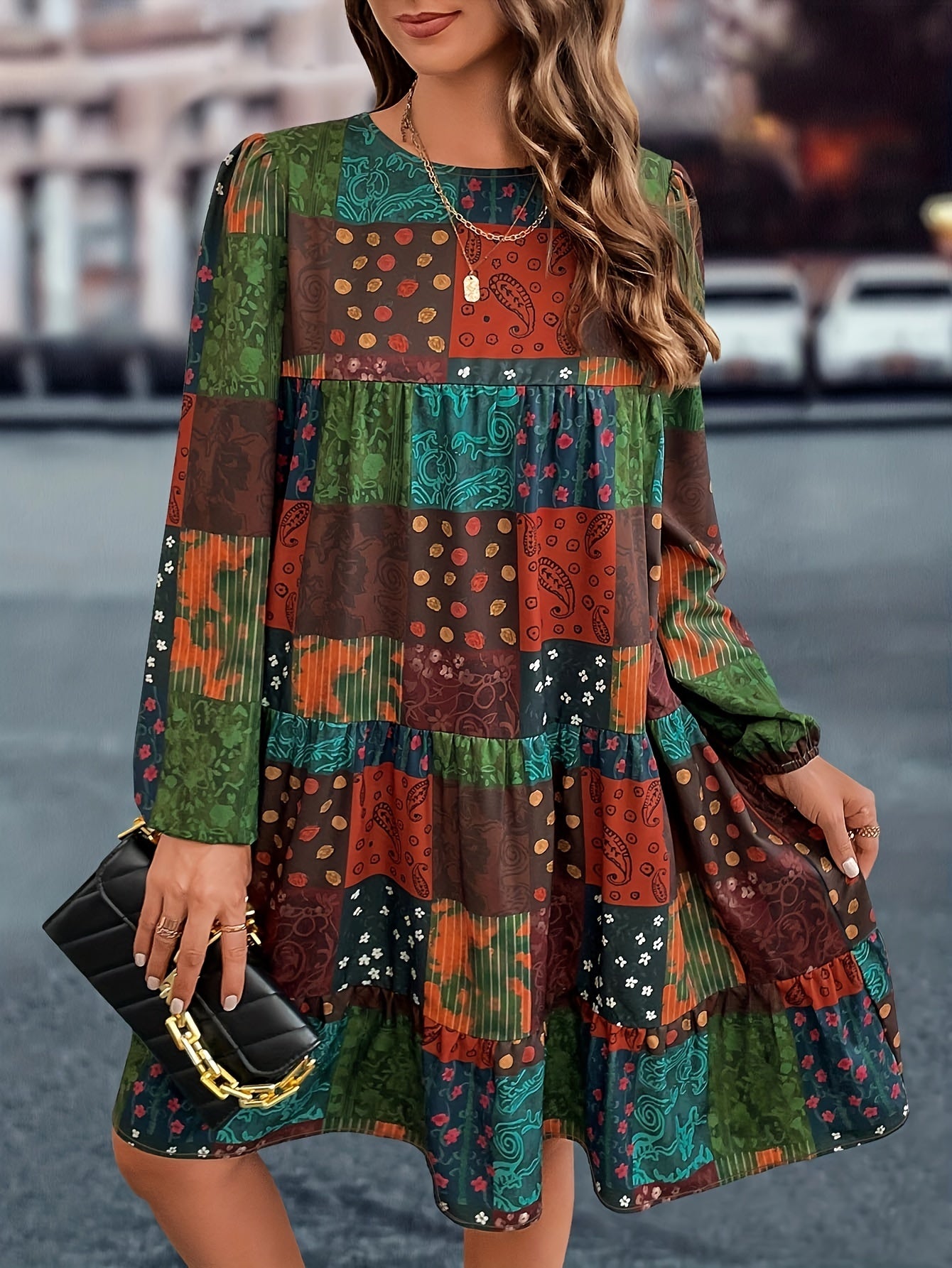 Boho Patchwork Print Lantern Sleeve Round Neck Loose Fit Mini Dress