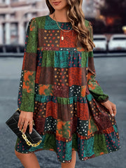 Boho Patchwork Print Lantern Sleeve Round Neck Loose Fit Mini Dress
