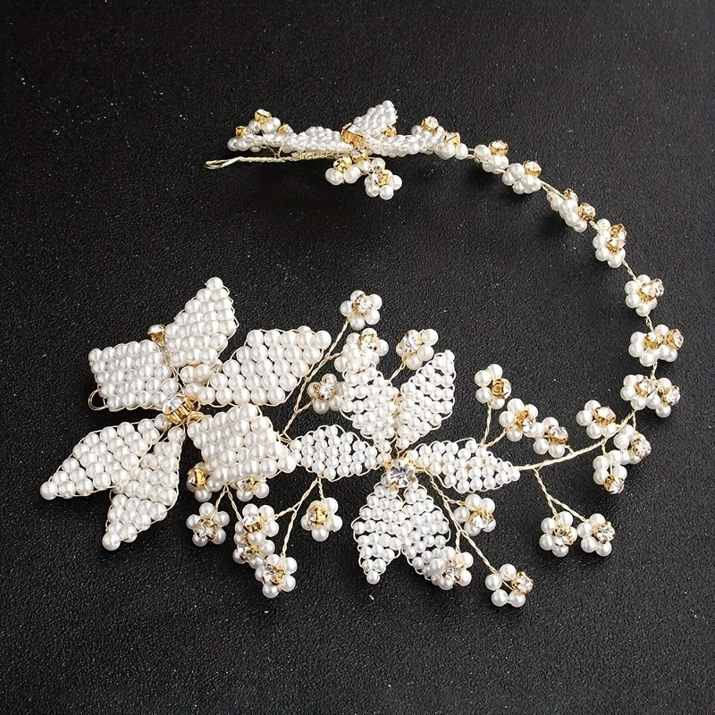 Pearl Tiara Braided Flower Headband Wedding Accessories