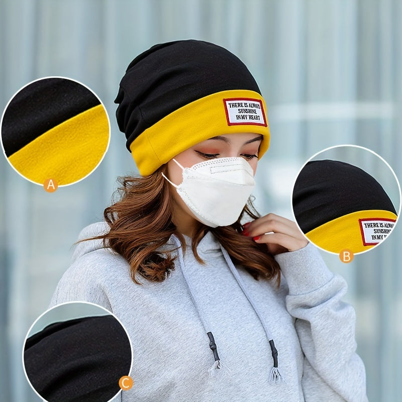 Stylish Label Decor Beanie Block Warm Skull Cap Elastic Knit Hat