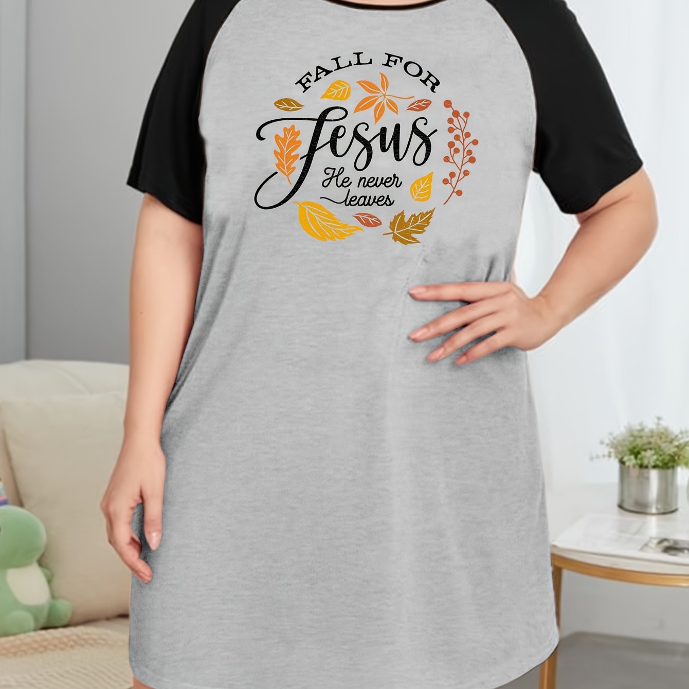 Maple Leaf & Letter Print Nightdress Raglan Sleeve Tee Sleep Dress