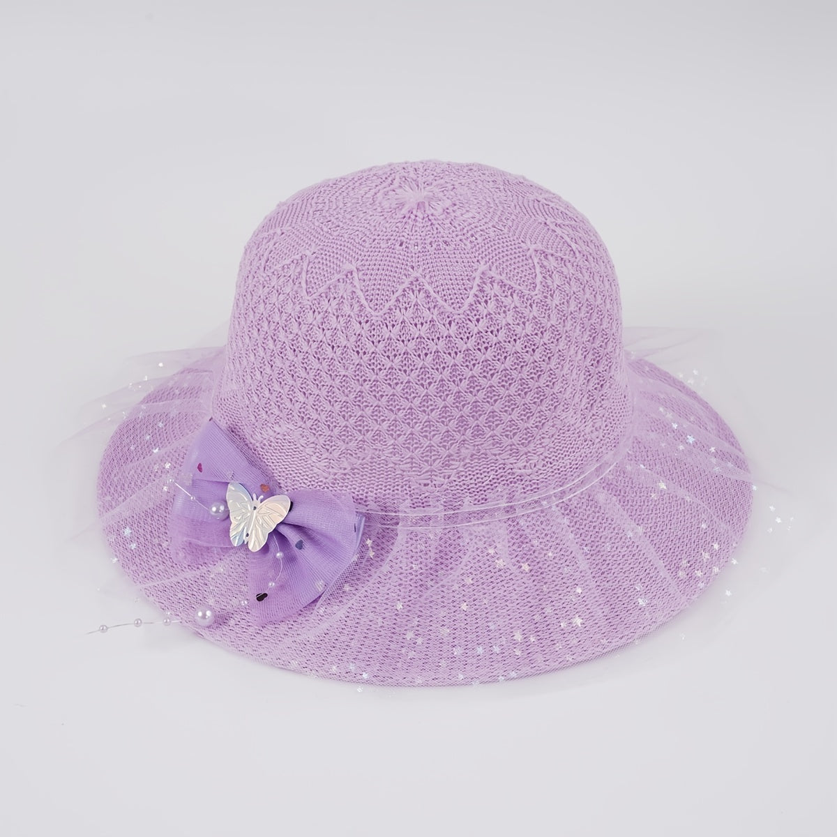 Girls Faux Pearl Bow Lace Hat Straw Sun Protection Kids Accessories