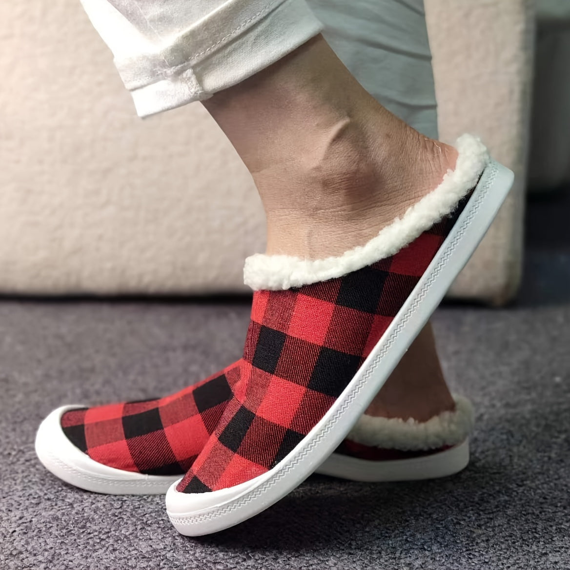 Women's Red Plaid Winter Slip-On Sneakers Lightweight Comfortable Flat Shoes