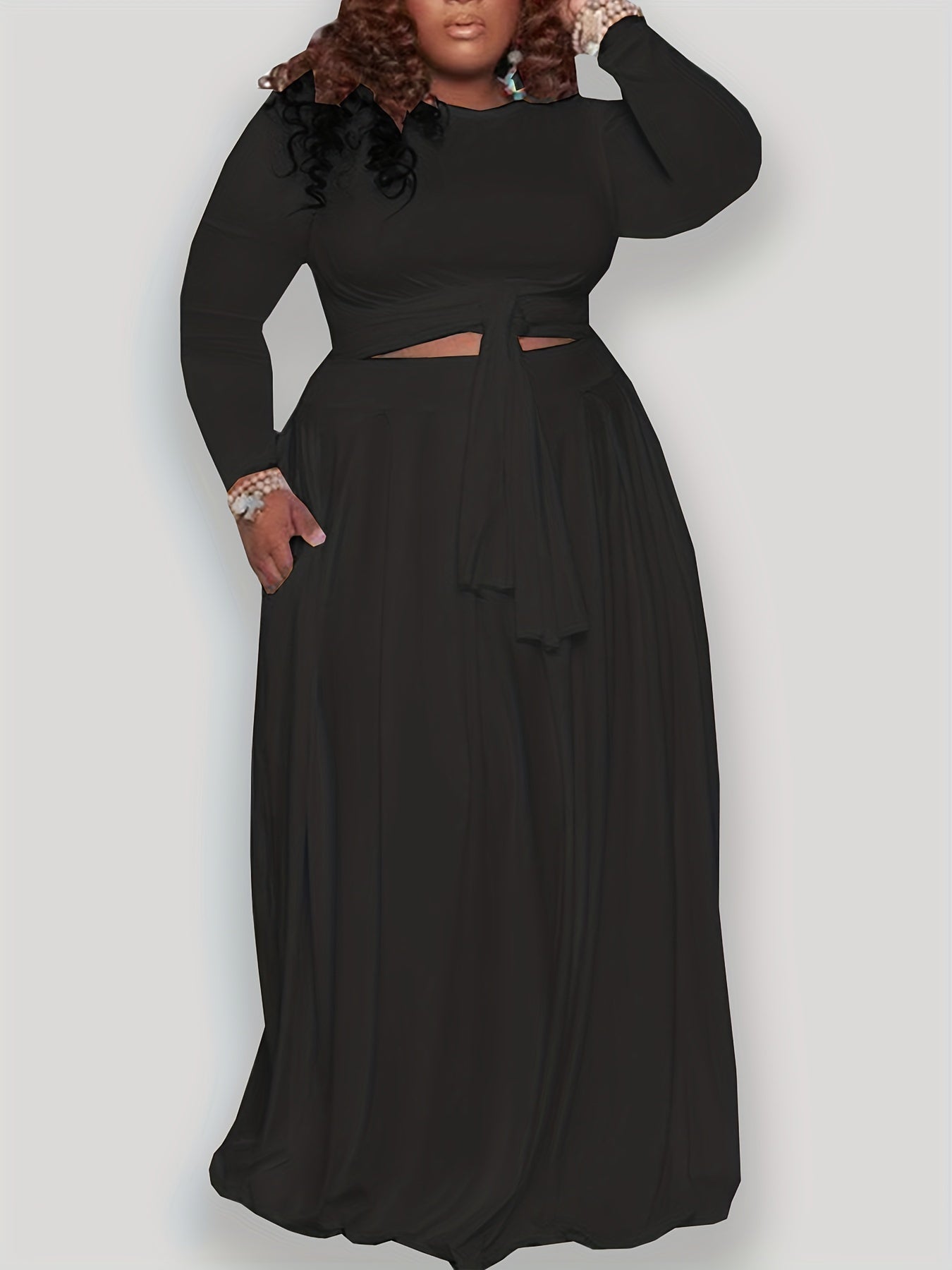 Solid Long Sleeve Crop Top & Maxi Skirt Set