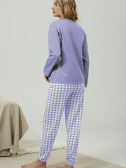 Plaid Print Long Pajamas Set Crew Neck Top & Comfortable Pant