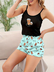Coffee Print Pajama Set Crew Neck Cami Top & Elastic Waistband Shorts