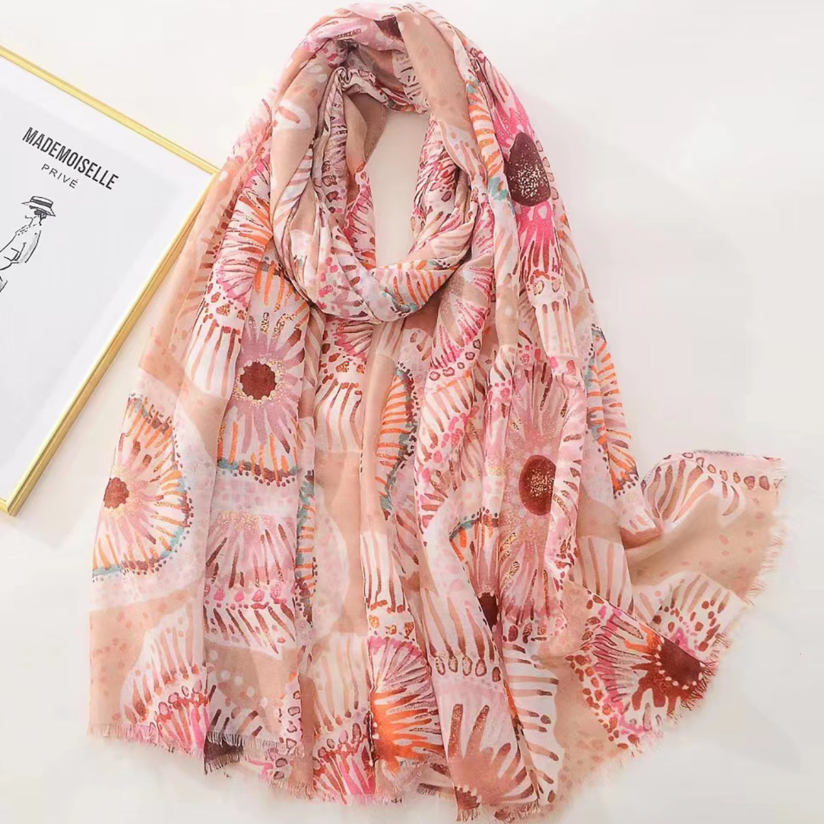 Pink Flower Print Shinny Scarf Breathable Head Wrap