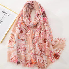 Pink Flower Print Shinny Scarf Breathable Head Wrap