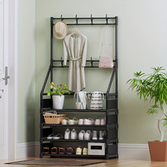 Minimalist Clothes Rack & Shoe Stool w/Metal Frame & 8 Hooks